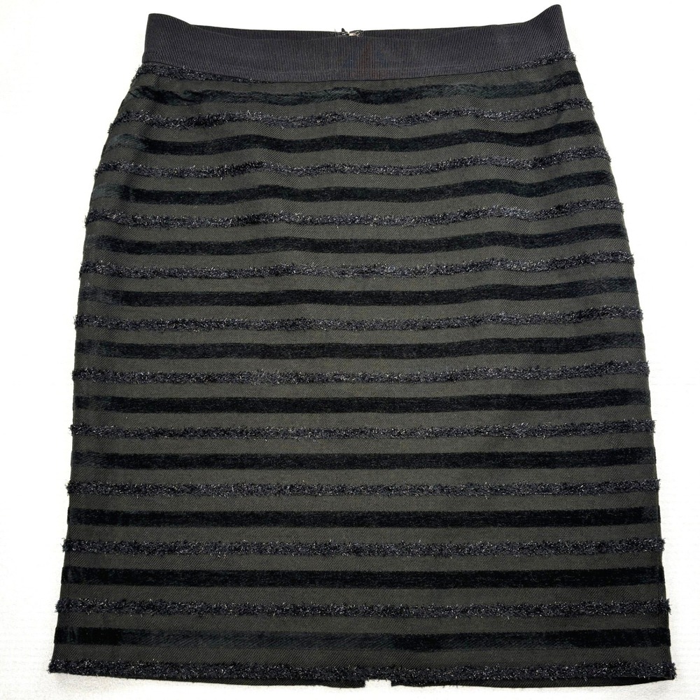 Ann Taylor Petite 6P Black Textured Stripe Pencil Skirt Eyelash Fringe Wool Blnd